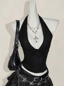 SHEIN ICON 休閒深V領打結掛脖背心上衣 - 黑色 - 查看 3