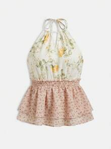 lacRébo Mixed Print Floral Halter Keyhole Sleeveless Top With Contrast Pink Peplum Hem Summer Holiday Casual Cute Top - Multicolor - View 8
