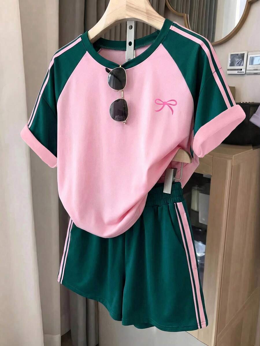 SHEIN 青少年女孩 2件/套 灰色針織休閒寬鬆版型美式英文標語印花圓領短袖T恤與印花短褲,適合夏季、街頭運動 - 彩色 - 查看 1