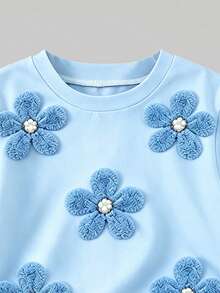 SHEIN Playful Pals 女嬰 2件/套休閒時尚百搭春夏嬰兒幼兒T恤套裝，可愛甜美藍色花卉上衣，花卉圖案，寬鬆圓領短袖T恤與藍色內搭褲2件套，春夏服裝套裝，適合休閒外出、返校、派對穿著 - 彩色 - 查看 5