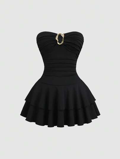 Sweetra Women's Black Strapless Metal Buckle Decor Ruched Waist Slim Fit Double Layer Ruffle Hem Dress