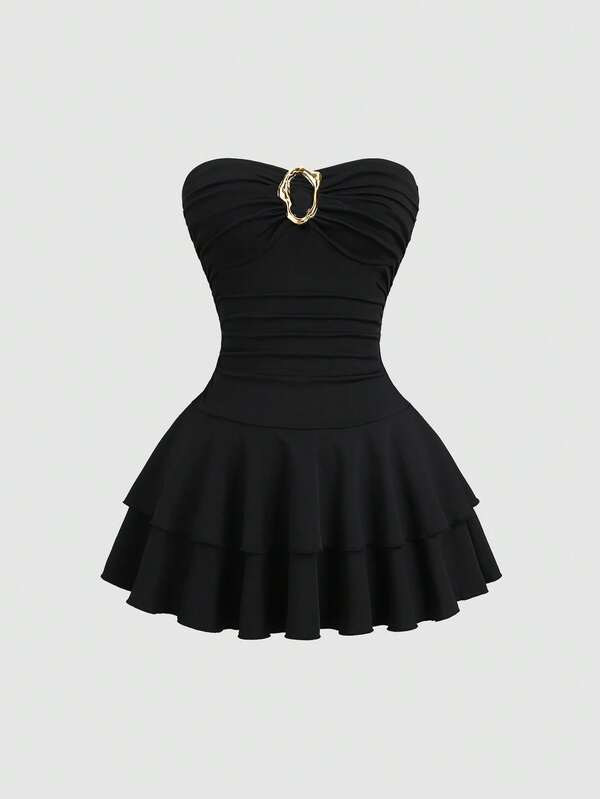 Sweetra Women's Black Strapless Metal Buckle Decor Ruched Waist Slim Fit Double Layer Ruffle Hem Dress