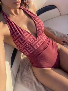 Swim Chiccia 女款幾何印花掛脖式拼色連身泳衣，適合海邊度假、泳池派對、海灘派對 - 彩色 - 查看 4