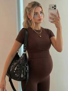 SHEIN Maternity Short Sleeve Top And Long Pants Sports Set - Brown - View 4
