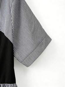 GlowEve CURVE Women's Plus Size Blue Striped Patchwork Black Camisole Tank Top 2 In 1 Woven Fabric Collared Shirt Short Sleeve Cinched Waist Straight A-Line Casual Elegant Sophisticated Daily Wear Home Outing Office Beach Vacation Holiday Party Date Wedding Guest Student Outfit Blue Women's Casual Mid-Length Dress - Multicolor - View 8