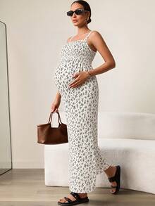 MaterniWear Maternity Casual Vacation Style Ditsy Floral Shirred Bodice Spaghetti Strap Wide Leg Jumpsuit - White - View 4