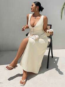 Dazy Plus Solid Color Fitted Sexy Button Decor Blogger Casual Hot Girl Sleeveless Maxi Dress Spring Summer - Apricot - View 3