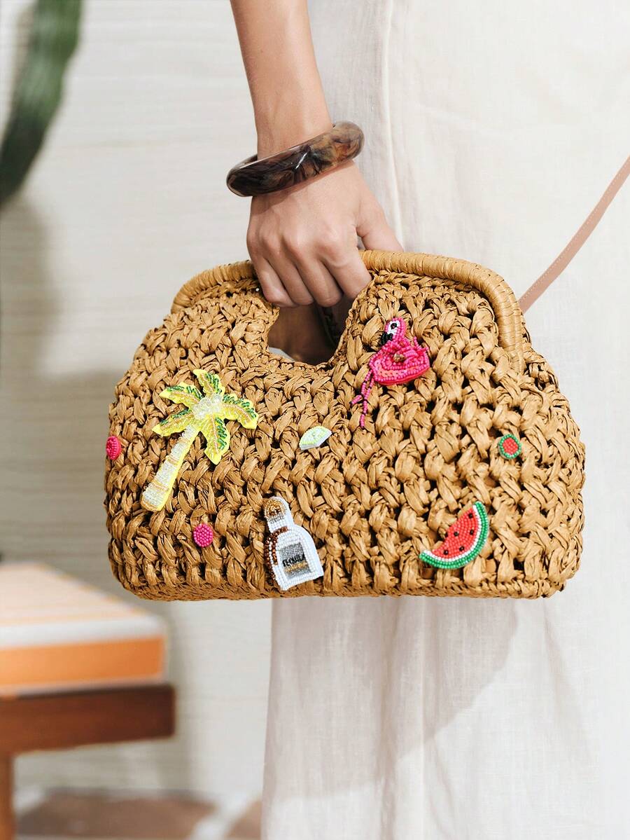 SHECARRY Ladies Fashionable Elegant Spring/Summer Straw Woven Fruit Coconut Tree Beaded Decorative Clutch Bag, Summer Vacation Vacation Seaside Beach And Daily - Khaki - View 1