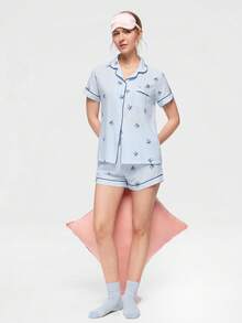 Bonmuse 女士条纹蝴蝶结印花短袖短裤睡衣套装 - 淺藍色 - 查看 8