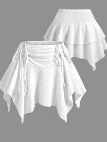 Sweetra Plus Size Elastic Waist Front Drawstring Asymmetrical Hem Skort - White - View 1