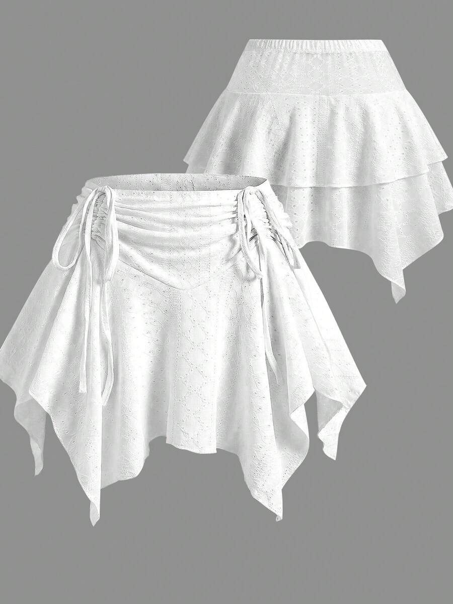 Sweetra Plus Size Elastic Waist Front Drawstring Asymmetrical Hem Skort - White - View 1