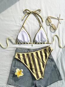 Swim Vcay 女款兩件式泳衣套裝，條紋印花與純色拼接，掛脖繫帶，露背，貝殼設計，夏季度假海灘 - 彩色 - 查看 2