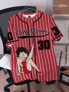 Betty Boop x SHEIN 男士條紋字母卡通印花休閒日常短袖T恤 - 白色 - 查看 3