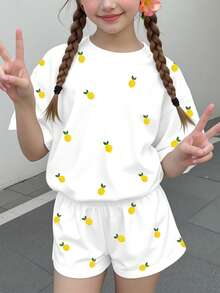 女童休閒極簡可愛波點迷你夏季熱帶水果檸檬圖案，奶油白，度假風，短袖與短褲兩件套，適合夏季舒適春夏風格，圖案，卡哇伊 - 彩色 - 查看 2