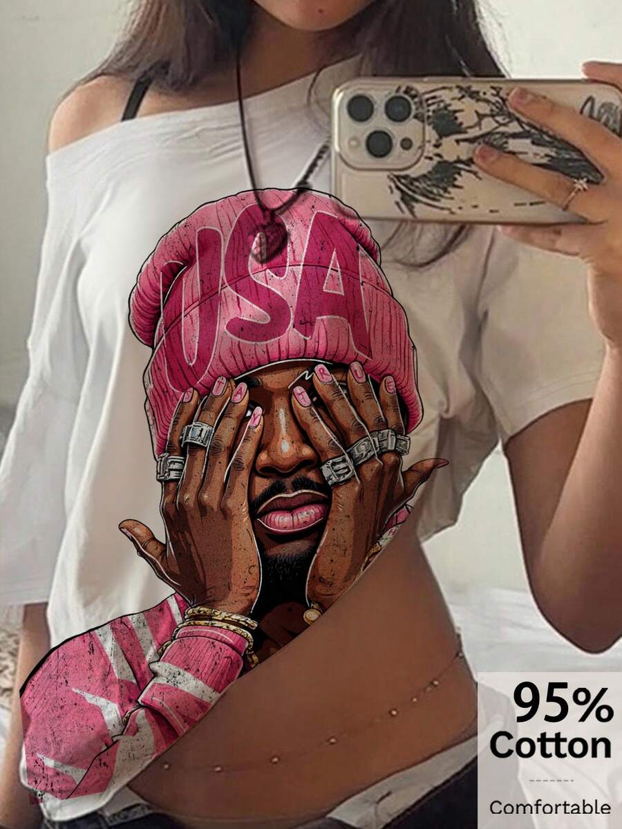SHEIN EZwear 女款 95% 棉露肩寬鬆 T-shirt，嘻哈印花，復古街頭風休閒 Y2K 街頭龐克哥德風，適合夜店、日常白天穿著，白色夏季款 - 白色 - 查看 1