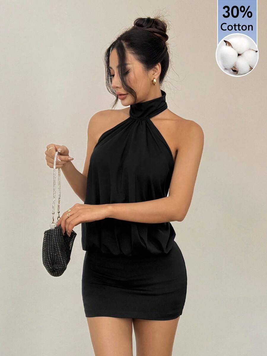 SHEIN PETITE 高領掛脖露背迷你洋裝,棉混紡舒適,適合嬌小女性 - 黑色 - 查看 1