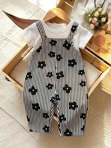 LMoss Kids Jumpsuit Anak Perempuan Muda, Jumpsuit Terusan Motif Bunga Bergaris Tenun - Hitam dan Putih - View 7