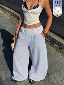 Coolane Women's Summer Country Concert Going Out Beach Outfits Boho Vacation Basic Minimalist Contrast Lace Washed 51%Cotton Blue Strip Pants Curved Hem Pants - Blue - View 2