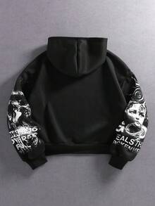ROMWE MEN Men's Casual Loose Fit Angel Print Hoodie, Autumn/Winter - Black - View 3