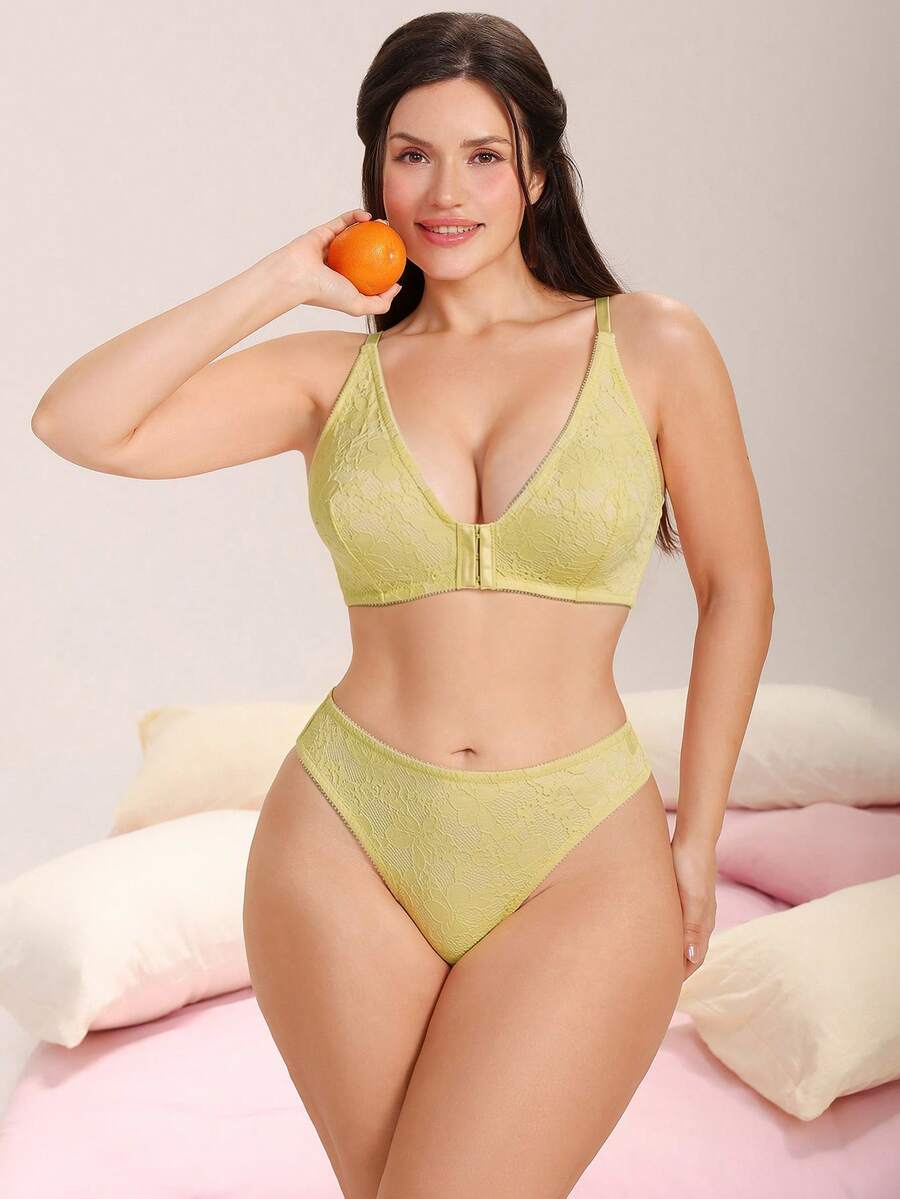 Eraneu Soutien-gorge sans armature à col V profond confortable avec fermeture frontale pour femmes grandes tailles, 1 pièce - Jaune citron - Voir 1