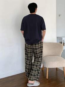 DAZY 男士夏季字母印花T恤和格子短裤两件套睡衣套装 - 藏蓝色 - 查看 3