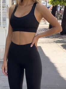 Fluxe Women's Solid Color Wide Strap Minimalist Casual Sports Bra Cross Design Gym High Support - Black - View 4