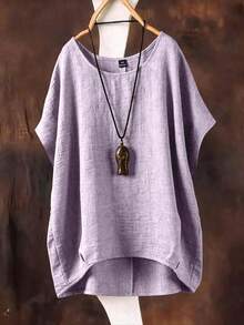 SHEIN 大尺碼女款純色圓領休閒百搭日常穿著襯衫 - 紫色 - 查看 1