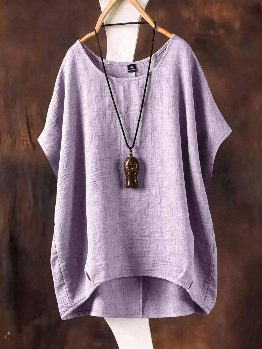 SHEIN 大尺碼女款純色圓領休閒百搭日常穿著襯衫 - 紫色 - 查看 1