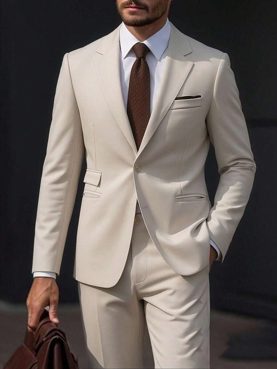 Manfinity Mode Men's Spring/Summer/All-Season Suit Set, Apricot Fabric Mature Business Style Jacket & Pants Suit Set - Apricot - View 1