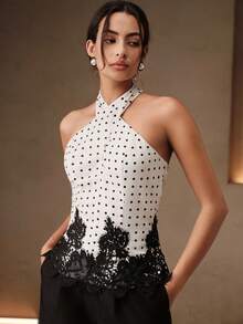 Anewsta Women's White And Black Polka Dot Print Halter Neck Tank Top, Sexy Retro 1960s Vintage Summer Lace Trim Camisole Brunch Party - Black and White - View 3