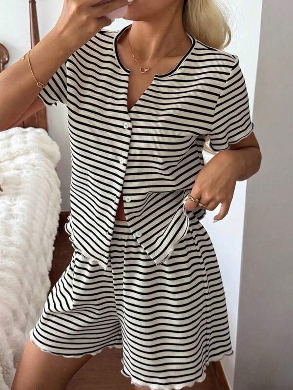 DAZY 2pcs Striped Cardigan Short Sleeve Top & Short Straight Leg Pajama Pants Set, Summer Women's Loungewear