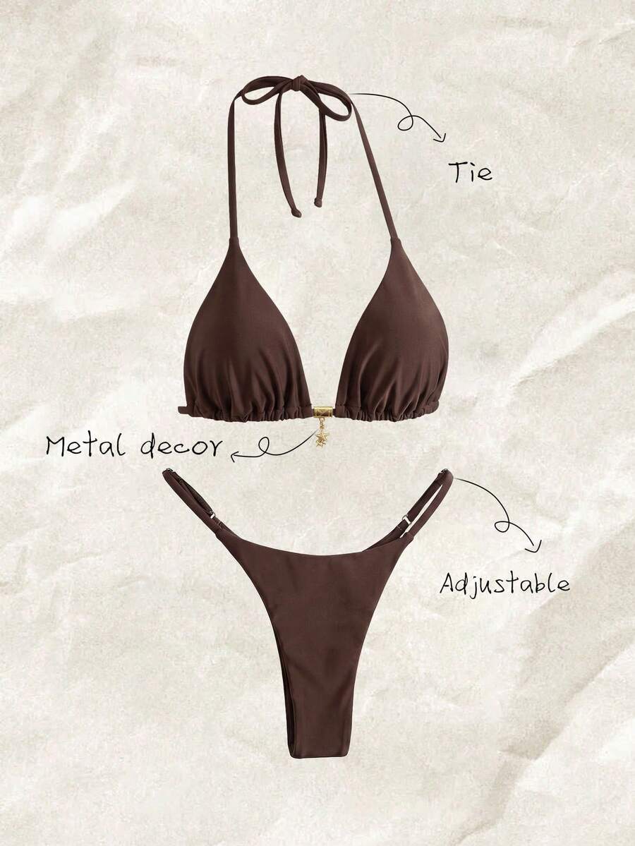 Elavelle Set Bikini Thong Seksi Wanita Springbreak dengan Liontin Logam dan Model Halter Warna Polos