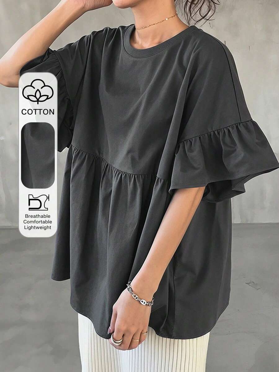 FRIFUL Camiseta de mujer de cuello redondo con mangas con volantes, versátil y de moda para el verano - Gris - Ver 1
