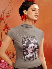 Glamance Frida Kahlo X SHEIN 人像花卉圖案修身T恤，優雅圖形成熟休閒性感，適合外出、工作日常、辦公室、派對、度假，夏季灰色 - 鏽棕色 - 查看 5