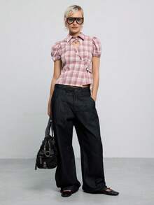 COUREZ Tie Side Puff Sleeve Shirt With Front Cut Out In Pink Check / Y2K Autumn Clothes Summer Outfits For Women Going Out Outfits Fall Shirts Going Out Top - Multicolor - View 1