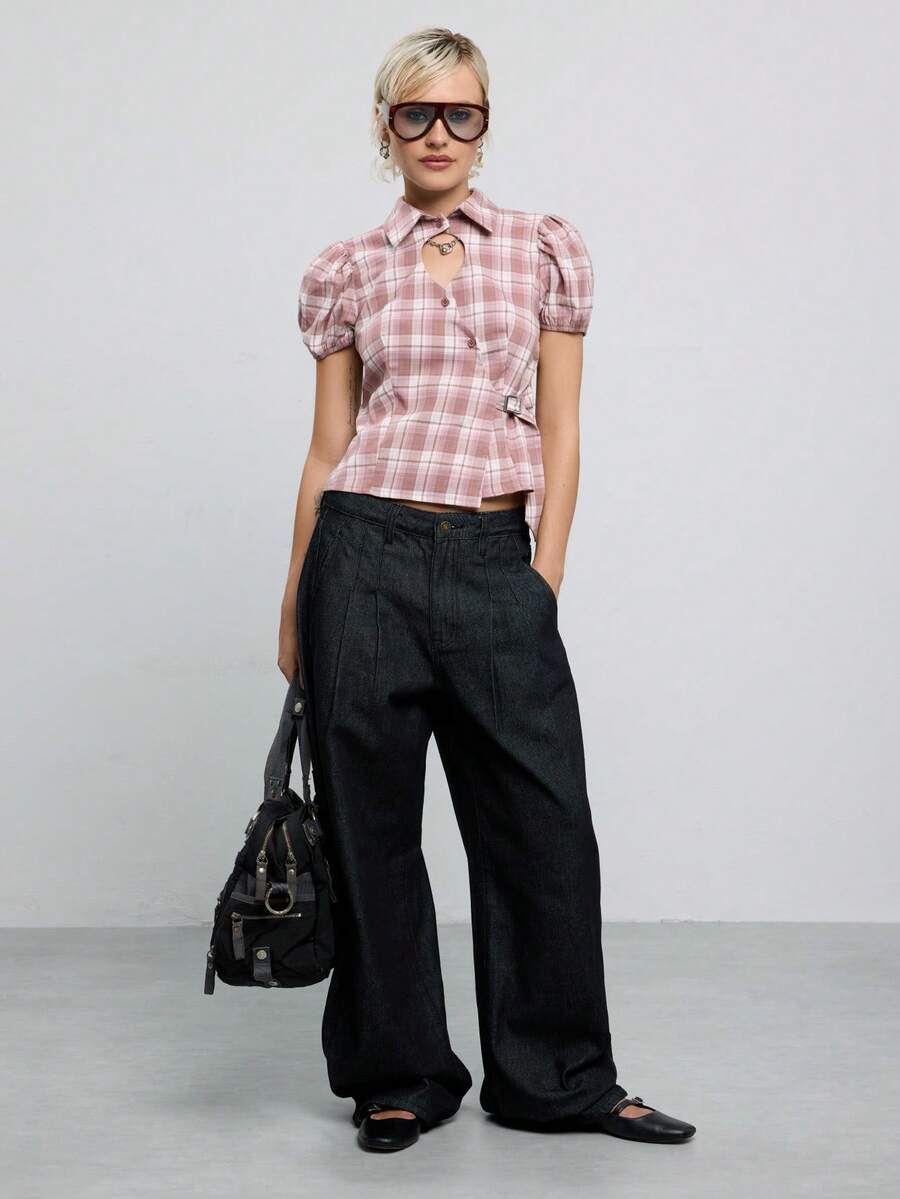 COUREZ Tie Side Puff Sleeve Shirt With Front Cut Out In Pink Check / Y2K Autumn Clothes Summer Outfits For Women Going Out Outfits Fall Shirts Going Out Top - Multicolor - View 1