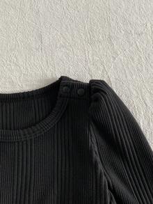 SHEIN Playful Pals 女嬰休閒豹紋圖案不對稱毛絨長袖羅紋洋裝，秋季 - 黑色 - 查看 7