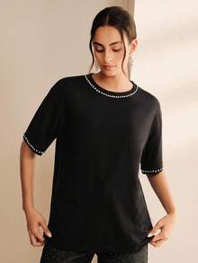 Anewsta Women's Elegant Casual Rhinestone Embellished T-Shirt, Suitable For Daily Commute Night Out Black Summer - Black - View 3