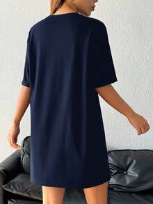 SHEIN EZwear 女款休閒寬鬆海軍藍圓領短袖短洋裝，適合夏季 - 藏蓝色 - 查看 2