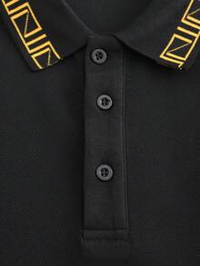 Manfinity Homme Men's Plus Size Polo Shirt With Geometric Pattern, Suitable For Dating, Vacation, Party, Beach, Daily Wear, Gathering, Outdoor Activities, Commuting, Street Style - Black - View 3