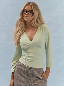 MUSERA Three Quarter Sleeve Surplice V-Neck Fitted Top With Ruched Bust Detail Summer Casual Everyday Y2K Soft Social - Green - View 1