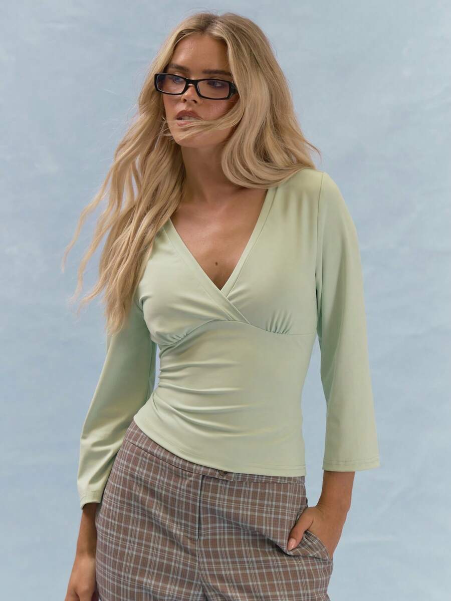MUSERA Three Quarter Sleeve Surplice V-Neck Fitted Top With Ruched Bust Detail Summer Casual Everyday Y2K Soft Social - Green - View 1