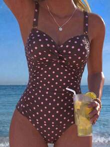 Swim Lushoire Nuovo bikini a due pezzi con spalline doppie e stampa a pois rosa, collezione primavera/estate, modello top a canotta per donna matura. - Multicolore - Visualizzare 7