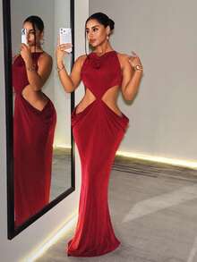 BamGleam Women's Solid Color Cowl Neck Waist Cutout Sexy Sleeveless Dress - Burgundy - View 4