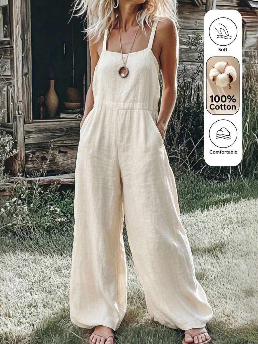 Holdful Holdful Women's White Casual Pure Cotton Suspender Wide Leg Jumpsuit For Daily Commute Wear - Apricot - View 1