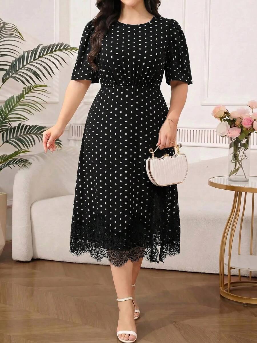 Reflora Plus Size Women Polka Dot Print Round Neck Short Sleeve Lace Hem Elegant Dress - Black and White - View 1