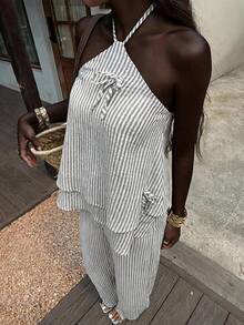 Korevelle Women's 2 Pieces Set With Halter Neck Bow Grey Top And Casual Long Pants Beach Vacation Summer - Pink - View 3