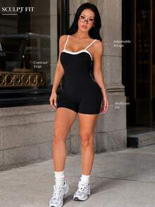 SHEIN Sports 1pc Black Contrast Trim Sports Romper, Adjustable Straps, Low Back, Bodycon Fit, Workout - Black - View 8