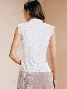 Arave Women's Lace Fitted Camisole With Button Design Wedding Day Party Tea Party White Summer Elegant - White - View 2