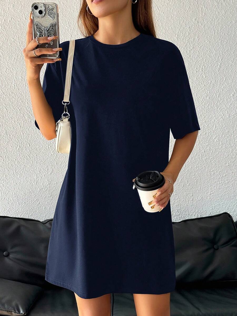 SHEIN EZwear 女款休閒寬鬆海軍藍圓領短袖短洋裝,適合夏季 - 藏蓝色 - 查看 1